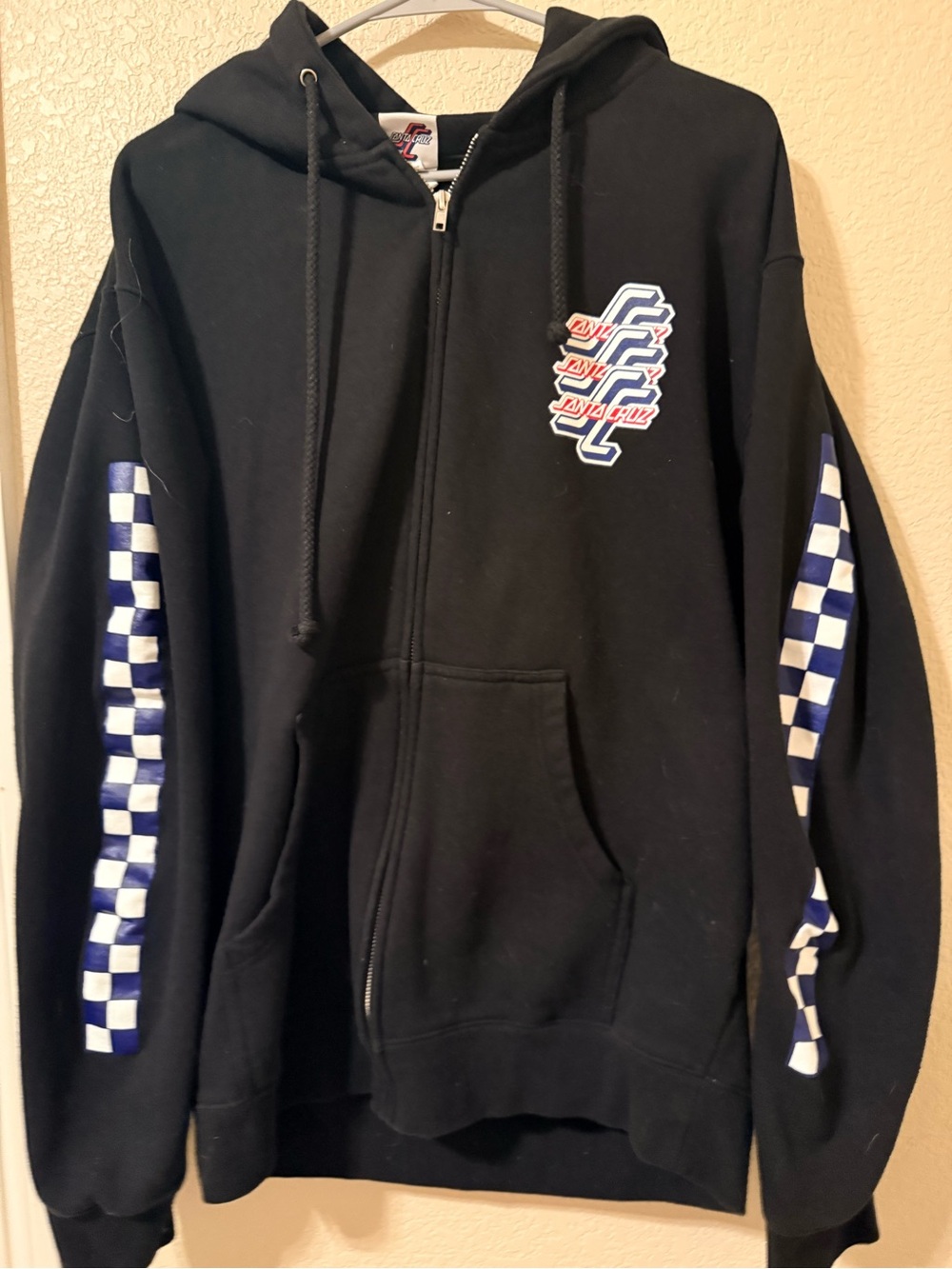 Santa Cruz Skateboards Black Zip-Up Hoodie with Blue & White Checker Sleeves